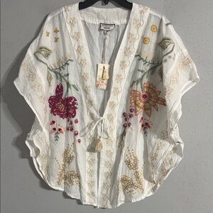 Johnny Was White Linen Poncho Kimono-Sarai Floral Embroidered Tie-Front Tunic